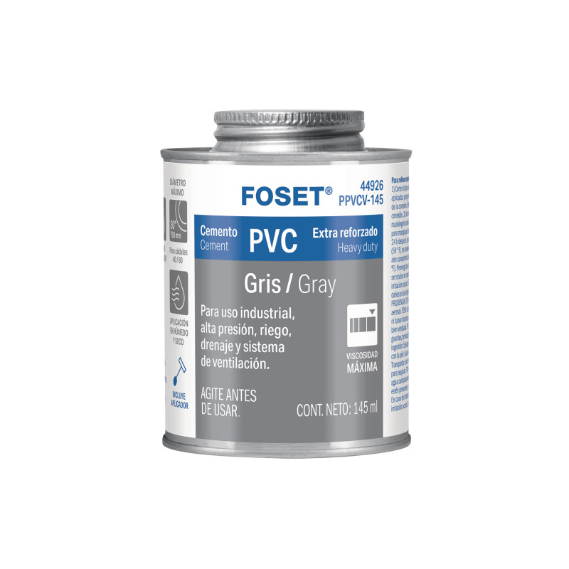 PPVCV-145 Cemento p/PVC, gris, máxima viscosidad, lata 145ml, FOSET