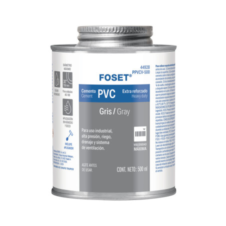 PPVCV-500 Cemento p/PVC, gris, máxima viscosidad, lata 500ml, FOSET