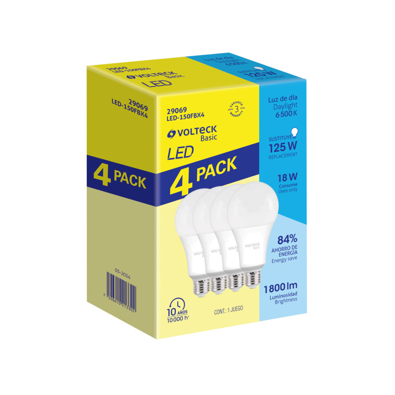 LED-150FBX4 Pack de 4 lámparas LED A19 18 W (equiv. 135 W), luz de día