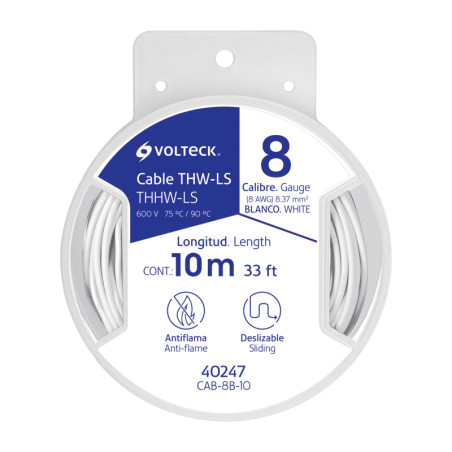 CAB-8B-10 Carrete con 10 m de cable THHW-LS 8 AWG blanco, Volteck