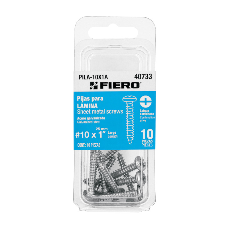 PILA-10X1A Blíster con 10 pijas para lámina, #10 x 1', FIERO PILA-10X1A Blíster con 10 pijas para lámina, #10 x 1', FIERO