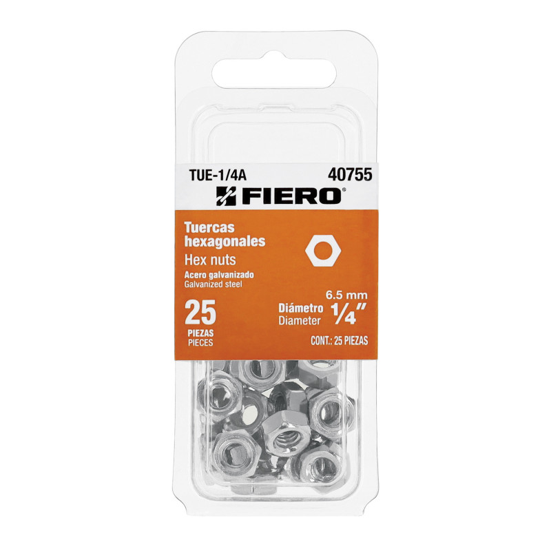TUE-1/4A Blíster con 25 tuercas 1/4' hex de acero galvanizado, FIERO TUE-1/4A Blíster con 25 tuercas 1/4' hex de acero galvanizado, FIERO