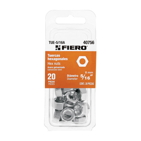 TUE-5/16A Blíster con 20 tuercas 5/16' hex de acero galvanizado, FIERO