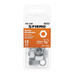 TUE-3/8A Blíster con 12 tuercas 3/8' hex de acero galvanizado, FIERO