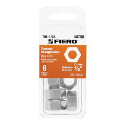 TUE-1/2A Blíster con 6 tuercas 1/2' hex de acero galvanizado, FIERO
