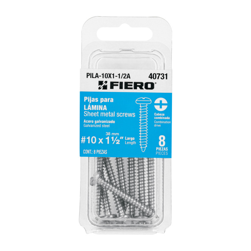 PILA-10X1-1/2A Blíster con 8 pijas para lámina, #10 x 1-1/2', FIERO PILA-10X1-1/2A Blíster con 8 pijas para lámina, #10 x 1-1/2', FIERO