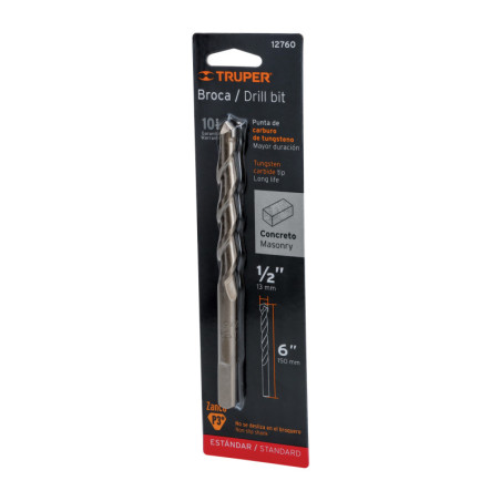 BCT-1-2X6-B Broca para concreto, 1/2 x 6' en blister TRUPER | DIHERESA