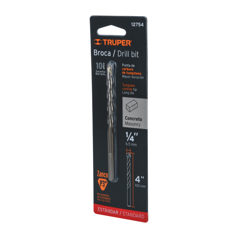 BCT-1-4X4-B Broca para concreto, 1/4 x 4' en blister TRUPER | DIHERESA