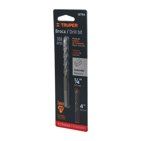 BCT-1-4X4-B Broca para concreto, 1/4 x 4' en blister TRUPER | DIHERESA