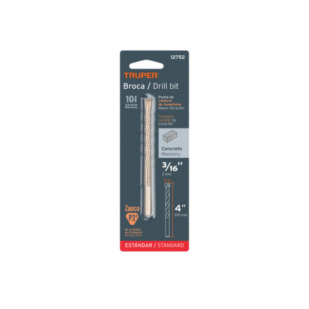 BCT-3-16X4-B Broca para concreto, 3/16 x 4' en blister TRUPER | DIHERESA