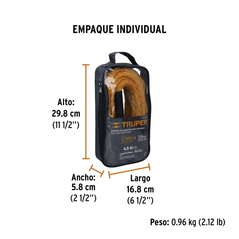 CREM-7-8X45 Cuerda para remolque con ganchos,7/8' x 4.5m TRUPER | DIHERESA