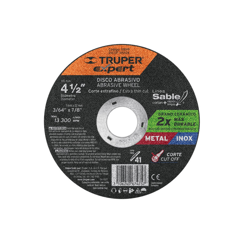 DICOF-4510X Disco tipo 41, corte metal, Línea Sable 4-1/2',1mm, Expert TRUPER | DIHERESA