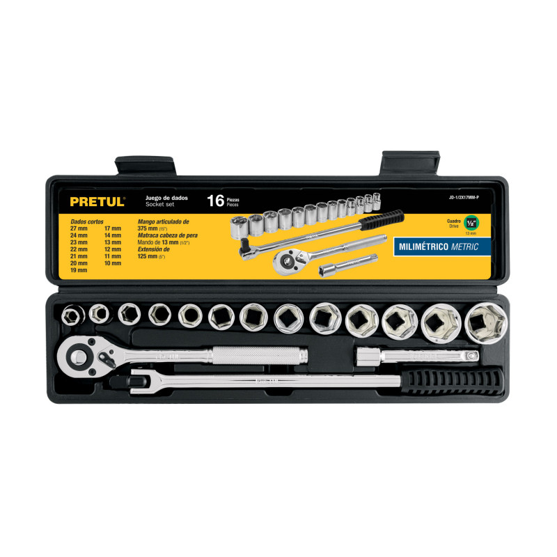 JD-1-2X17MM-P Juego de dados, cuadro 1/2', 17 pzas, milimétricos, Pretul TRUPER | DIHERESA