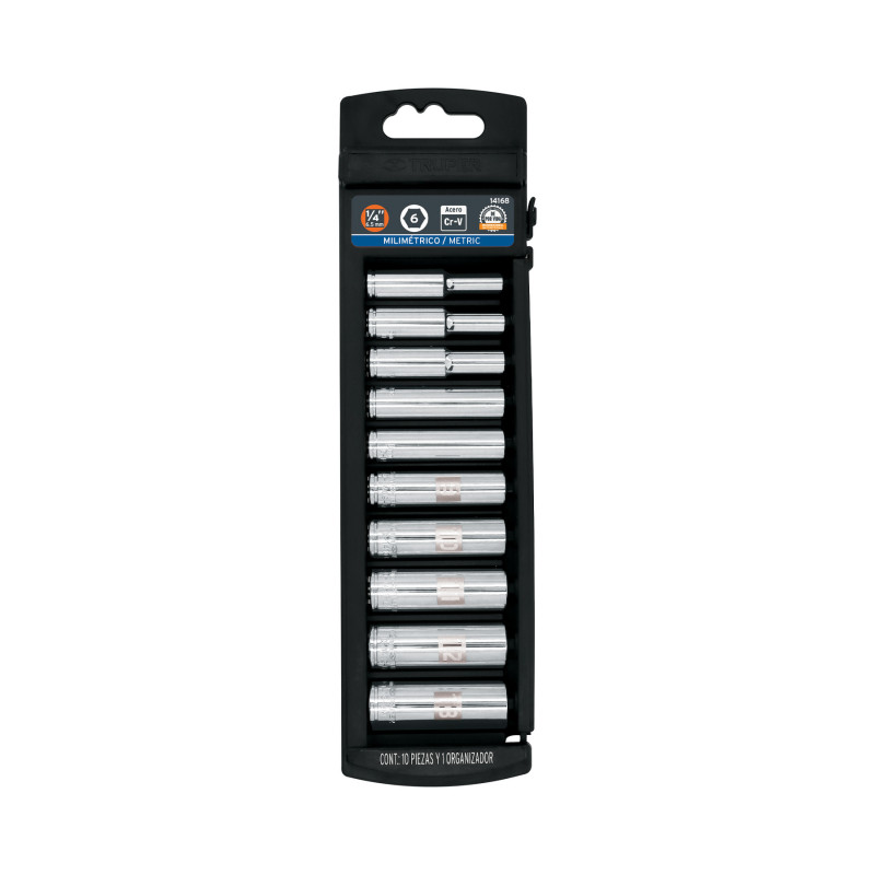 JD-1-4X10LM Juego de dados largos, cuadro 1/4', 10 piezas, milimétricos TRUPER | DIHERESA