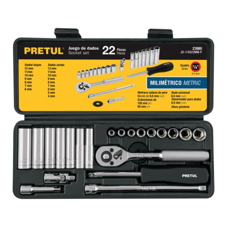 JD-1-4X22MM-P Juego de autoclé, cuadro 1/4', 22 pzas, milimétricos, Pretul TRUPER | DIHERESA