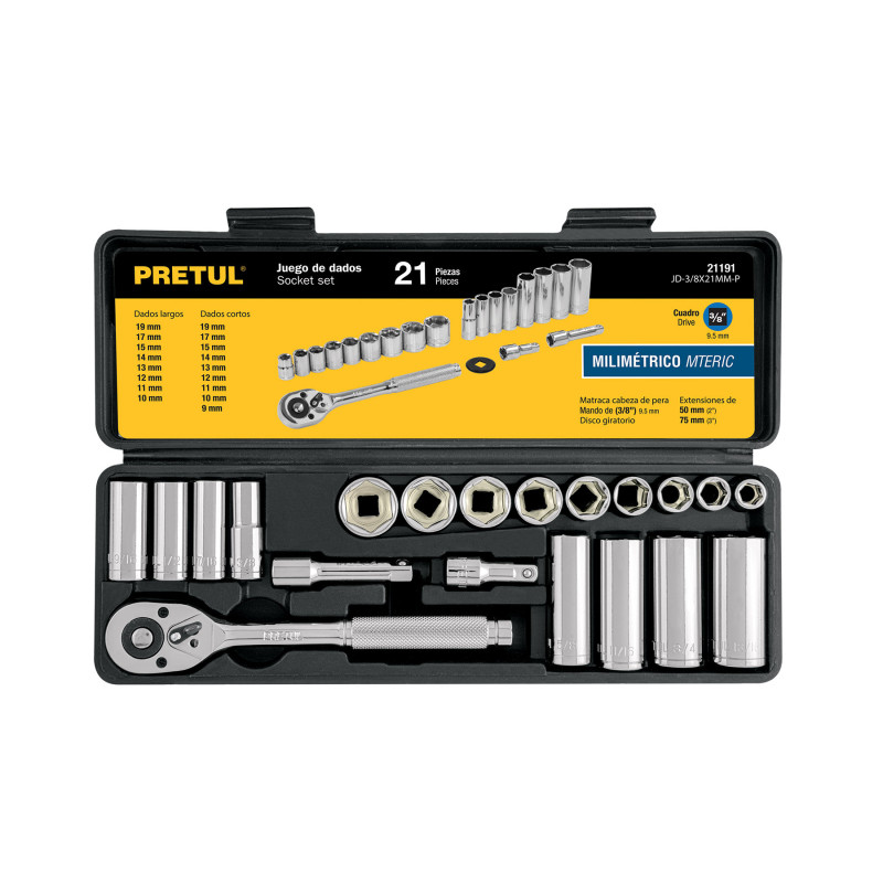 JD-3-8X21MM-P Juego de dados, cuadro 3/8', 21 pzas, milimétricos, Pretul TRUPER | DIHERESA
