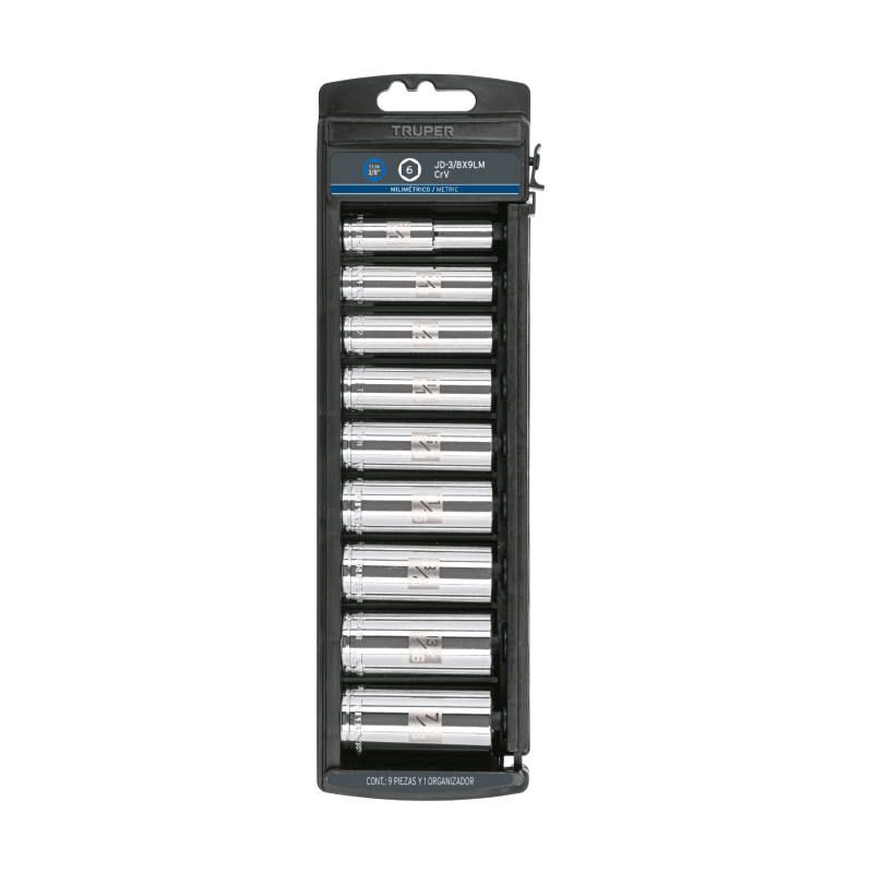JD-3-8X9LM Juego de dados largos, cuadro 3/8', 9 piezas, milimétricos TRUPER | DIHERESA