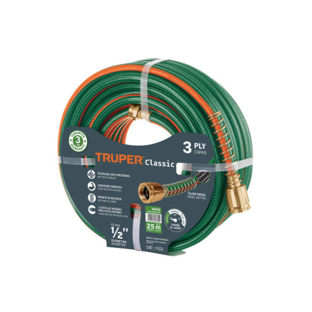 MAN-25X1-2R Manguera 1/2', reforzada 3 capas, conexiones de metal, 25 m TRUPER | DIHERESA