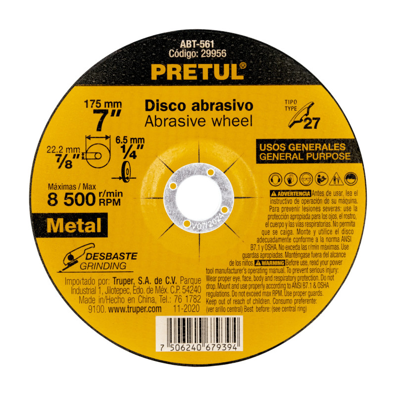 ABT-561 Disco Tipo 27 de 7' x 6.2 mm desbaste de metal, Pretul