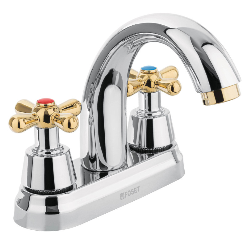 AQM-51G Mezcladora cromo-oro 4' p/lavabo, nariz curva, cruceta,Foset