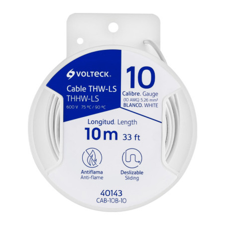 CAB-10B-10 Carrete con 10 m de cable THHW-LS 10 AWG blanco, Volteck
