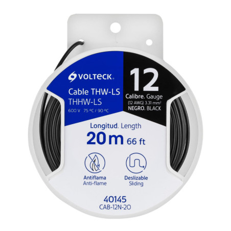 CAB-12N-20 Carrete con 20 m de cable THHW-LS 12 AWG negro, Volteck