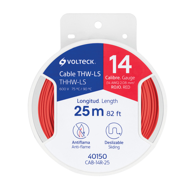 CAB-14R-25 Carrete con 25 m de cable THHW-LS 14 AWG rojo, Volteck