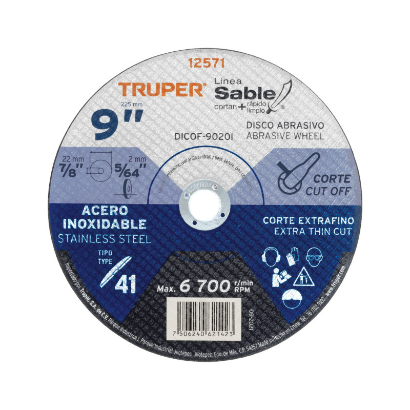 DICOF-9020I Disco Tipo 41 de 9' x 2 mm corte fino acero inox, Sable