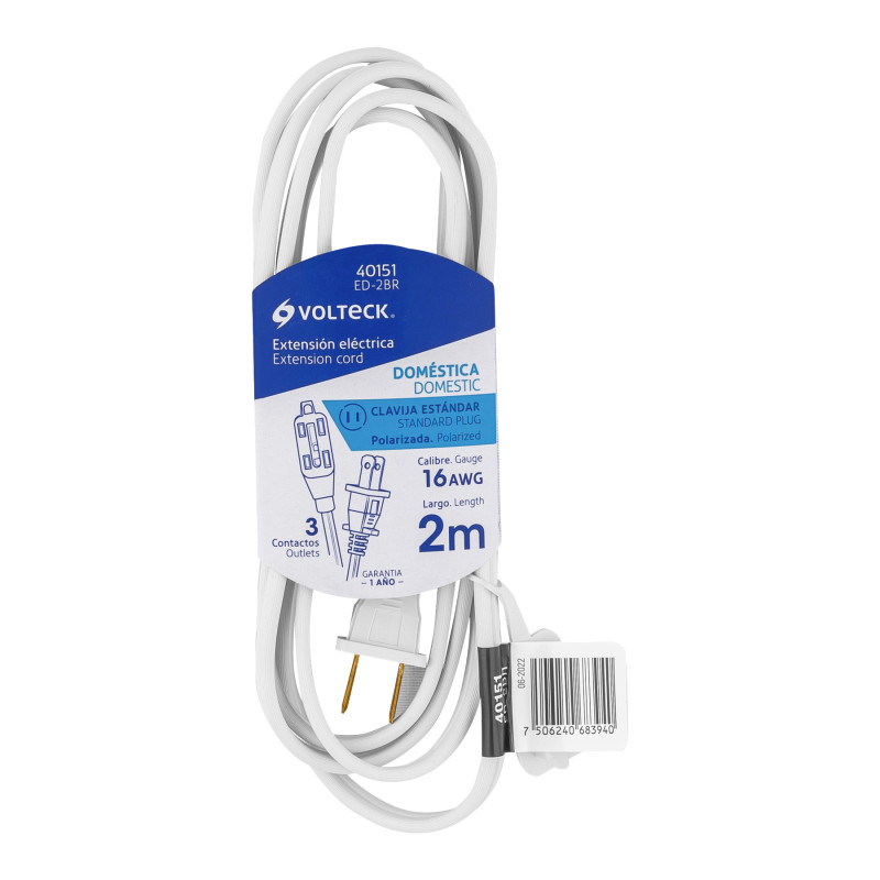 ED-2BR Extensión eléctrica doméstica 2 m blanca con clavija recta