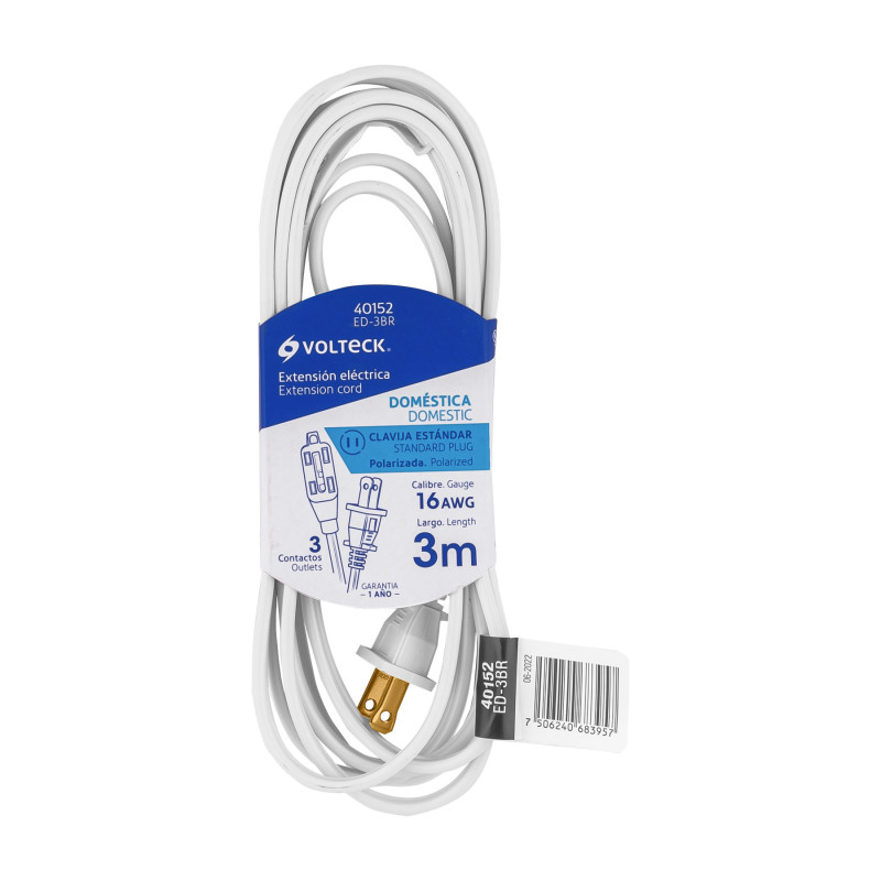 ED-3BR Extensión eléctrica doméstica 3 m blanca con clavija recta