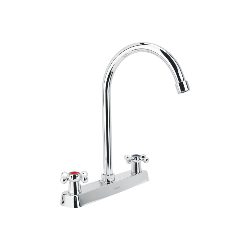 F-320E Mezcladora 8' p/fregadero, cuello curvo, manerales cruceta