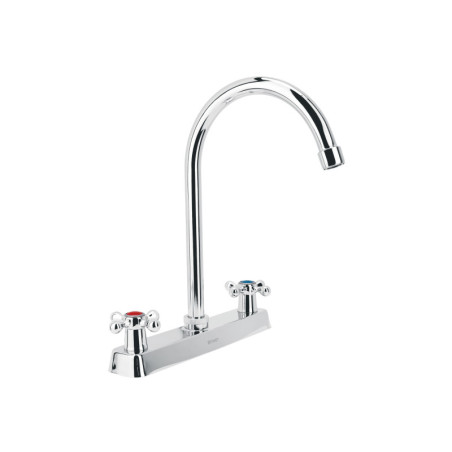 F-320E Mezcladora 8' p/fregadero, cuello curvo, manerales cruceta