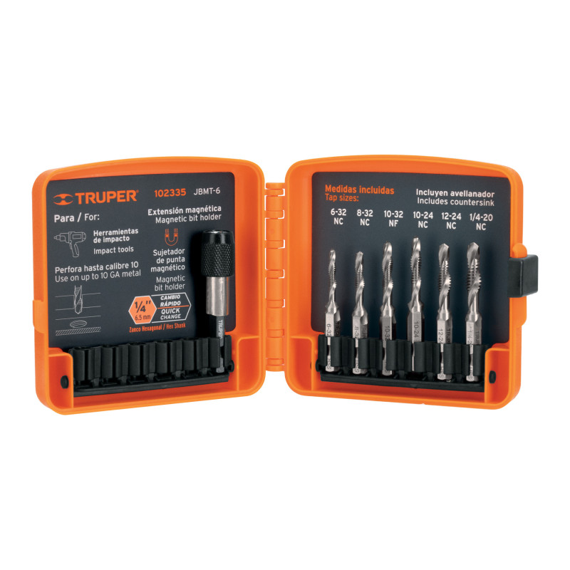 JBMT-6 Juego de 6 brocas HSS con machuelo para metal, Truper