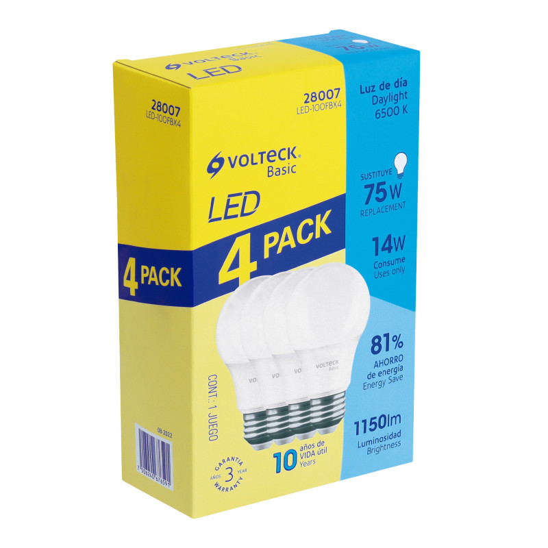 LED-100FBX4 Pack de 4 lámparas de LED A19 14 W luz de día, caja, Volteck