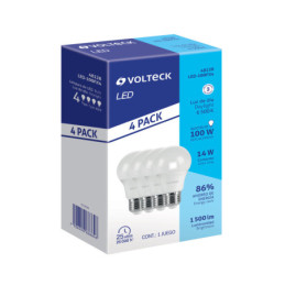 LED-100FX4 Pack de 4 lámparas de LED A19 14 W luz de día, caja, Volteck
