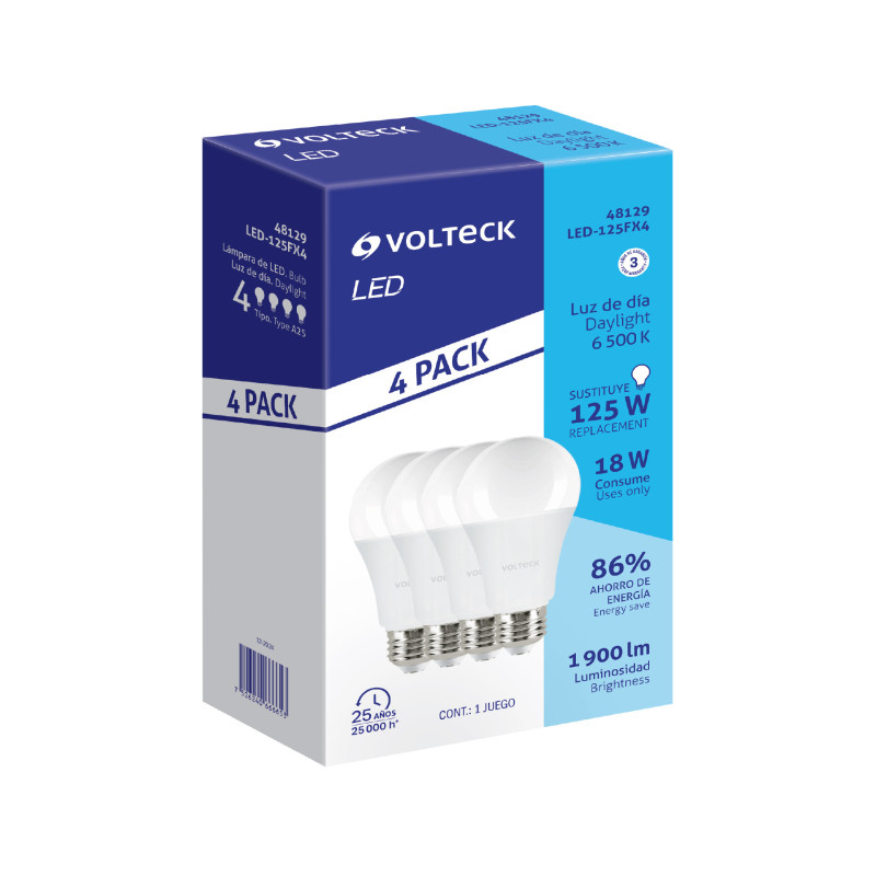 LED-125FX4 Pack de 4 lámparas de LED A19 18 W luz de día, caja, Volteck