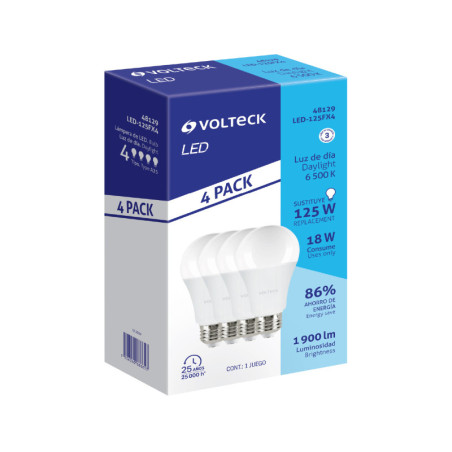 LED-125FX4 Pack de 4 lámparas de LED A19 18 W luz de día, caja, Volteck