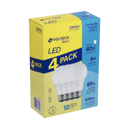 LED-40FBX4 Pack de 4 lámparas de LED A19 6 W luz de día, caja, Volteck