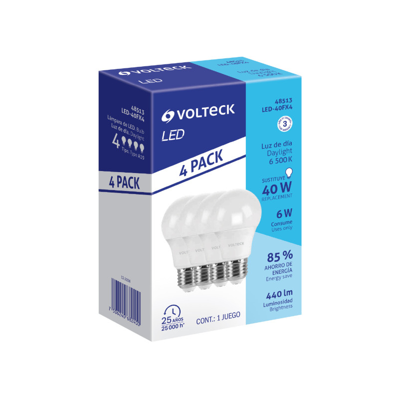LED-40FX4 Pack de 4 lámparas de LED A19 6 W luz de día, caja, Volteck