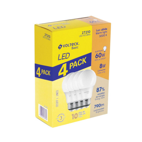 LED-60CBX4 Pack de 4 lámparas de LED A19 8 W luz cálida, caja, Volteck