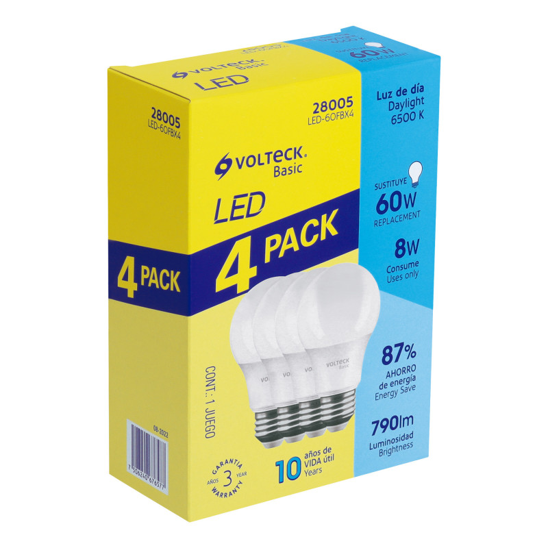 LED-60FBX4 Pack de 4 lámparas de LED A19 8 W luz de día, caja, Volteck