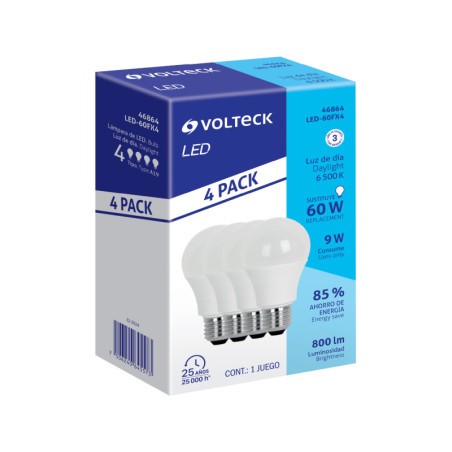 LED-60FX4 Pack de 4 lámparas de LED A19 9 W luz de día, caja, Volteck