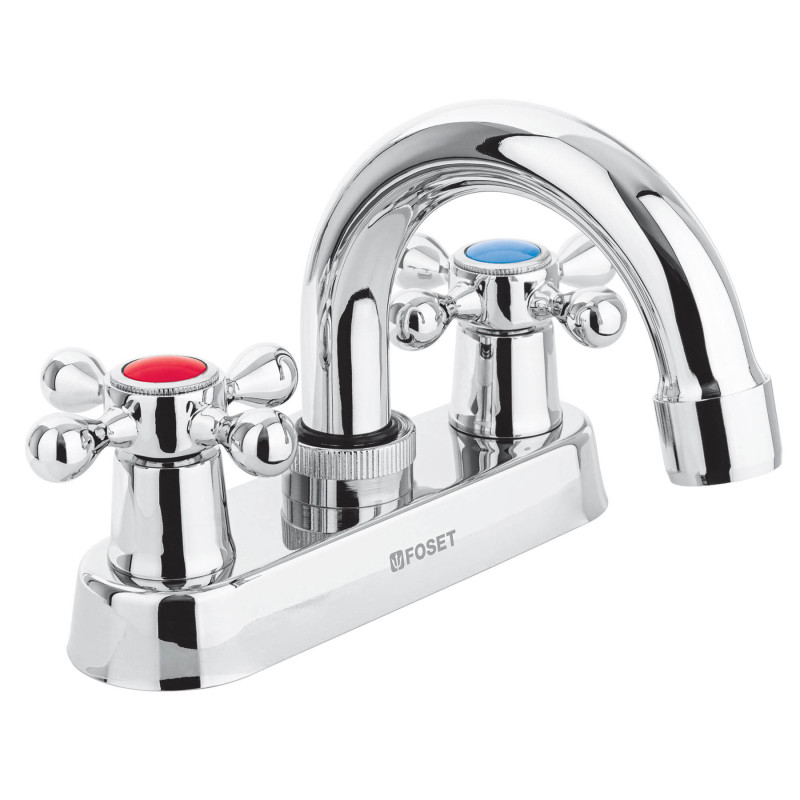 M-050E Mezcladora 4' para lavabo, cuello curvo, manerales cruceta