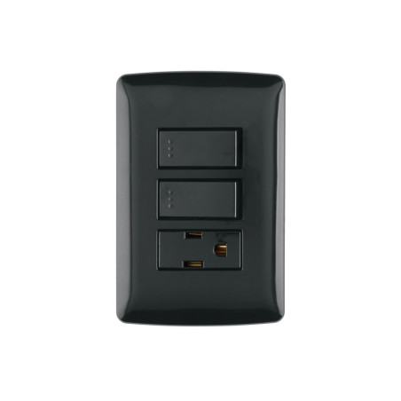 PA-APCO-I2N Placa armada contacto 2 interruptores,negro, línea Italiana