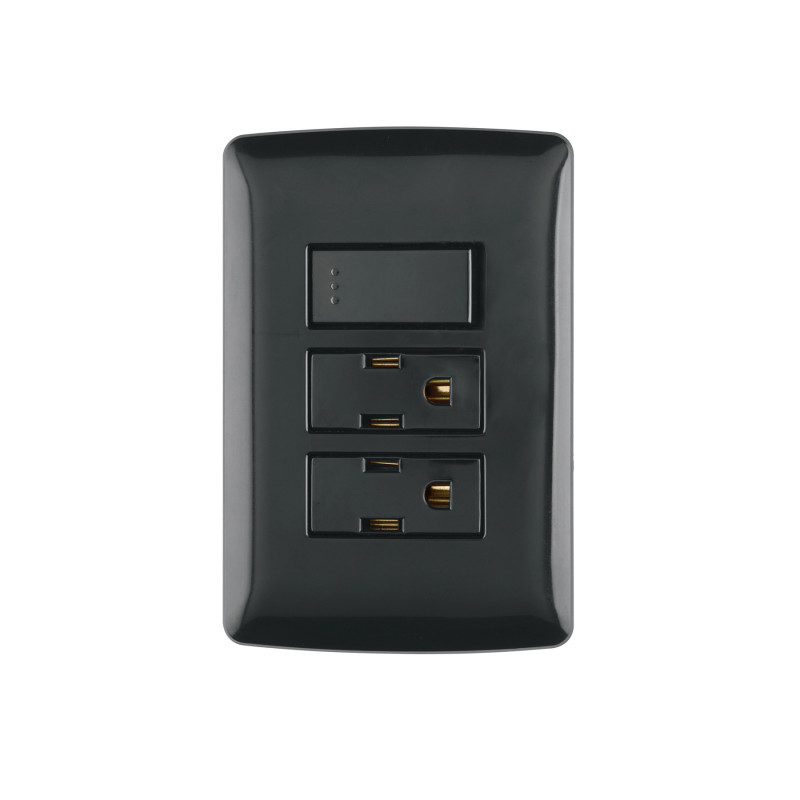 PA-APCO-I3N Placa armada 2 contactos e interruptor,negro, línea Italiana