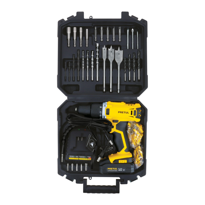 TALI-20P2K Taladro inalámbrico 1/2' 20V y kit con 32 accesorios, Pretul