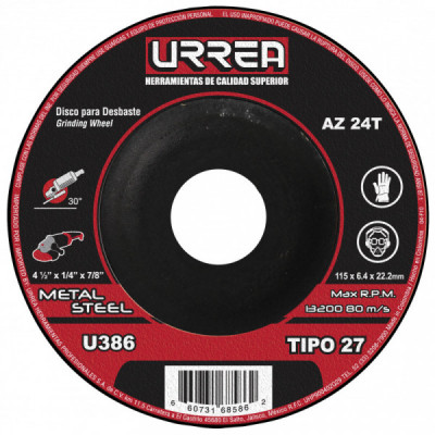 U386 URREA Disco abrasivo tipo 27 para metal 41/2  pulgadas  x 1/4  pulgadas  uso mega pesado