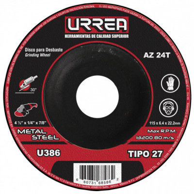 U386 URREA Disco abrasivo tipo 27 para metal 41/2" x 1/4" uso mega pesado Urrea | DIHERESA