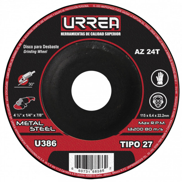 U386 URREA Disco abrasivo tipo 27 para metal 41/2" x 1/4" uso mega pesado Urrea | DIHERESA