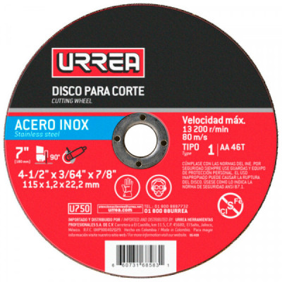 U750 URREA Disco abrasivo tipo 1 para acero inoxidable 4-1/2  pulgadas  x 3/64  pulgadas  uso mega pesado